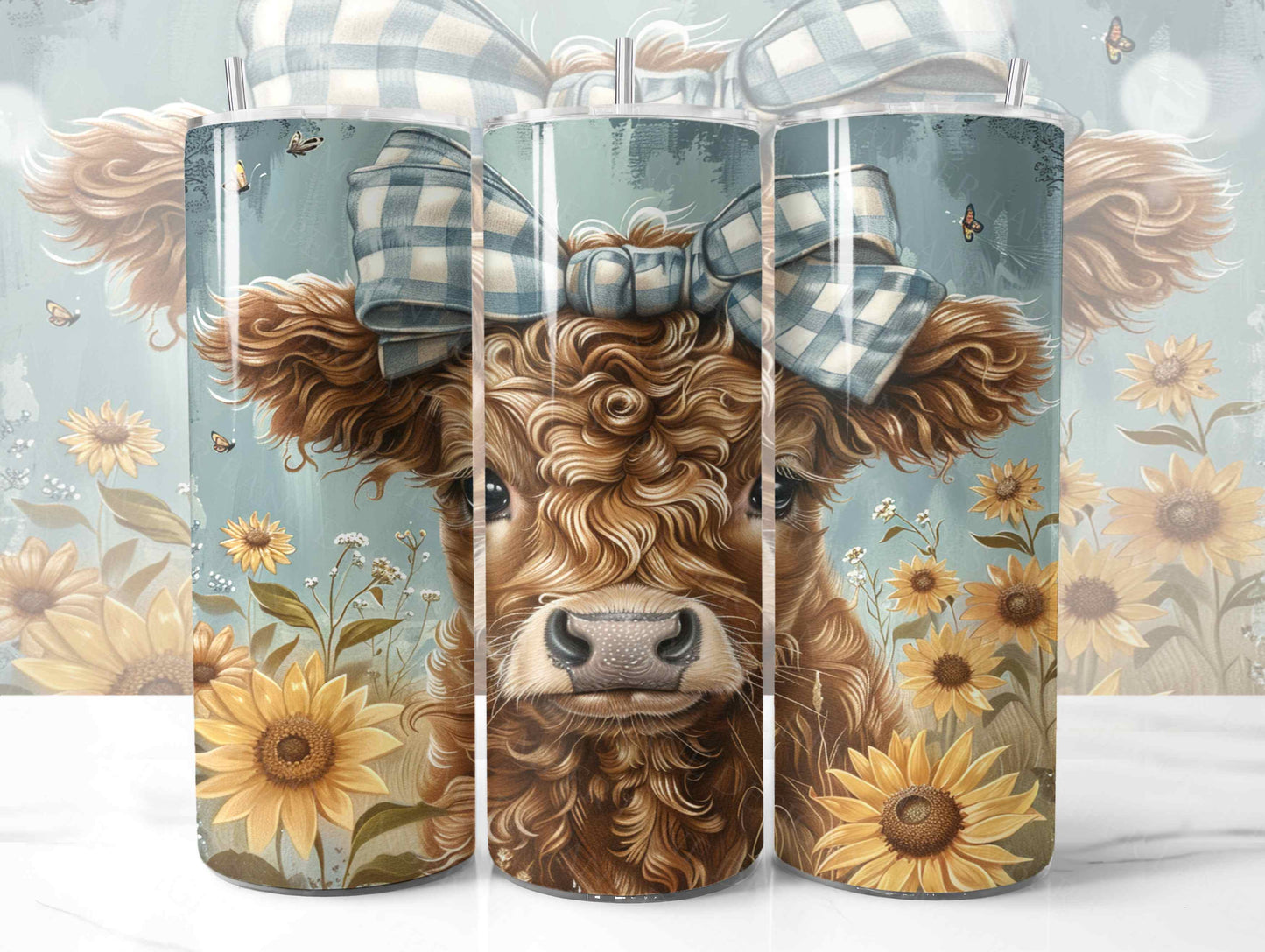 Highland cow with blue gingham coquette bow and sunflowers20oz SKINNY TUMBLER straight wrap 1 jpeg file -not seamless