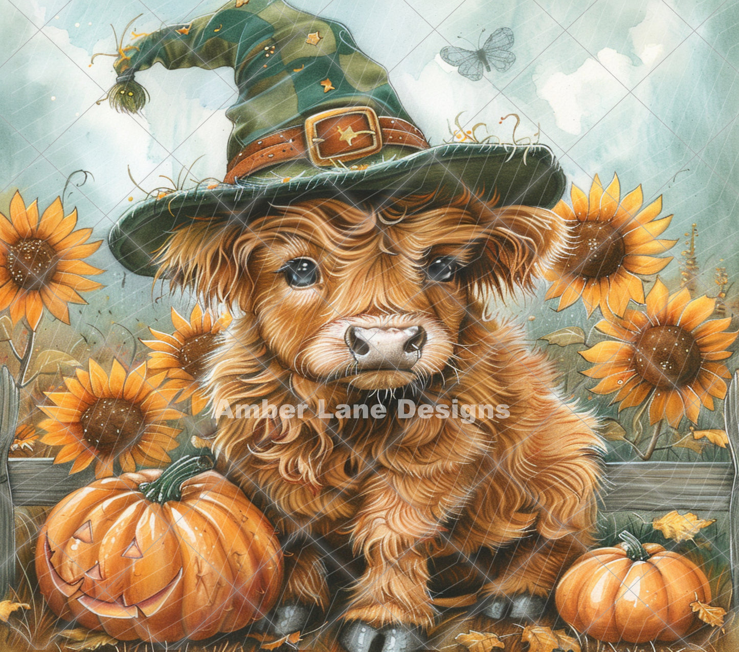 Baby Highland Cow in witches hat 20oz SKINNY TUMBLER straight wrap 1 jpeg file -not seamless