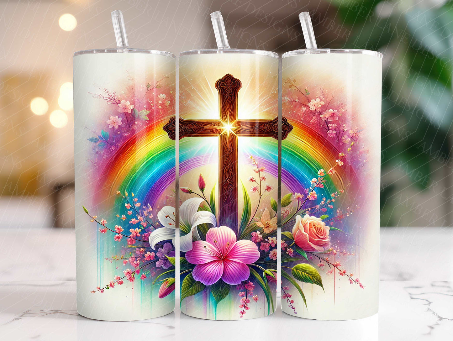 Easter rainbow Cross with Flowers 20oz SKINNY TUMBLER wrap- not seamless