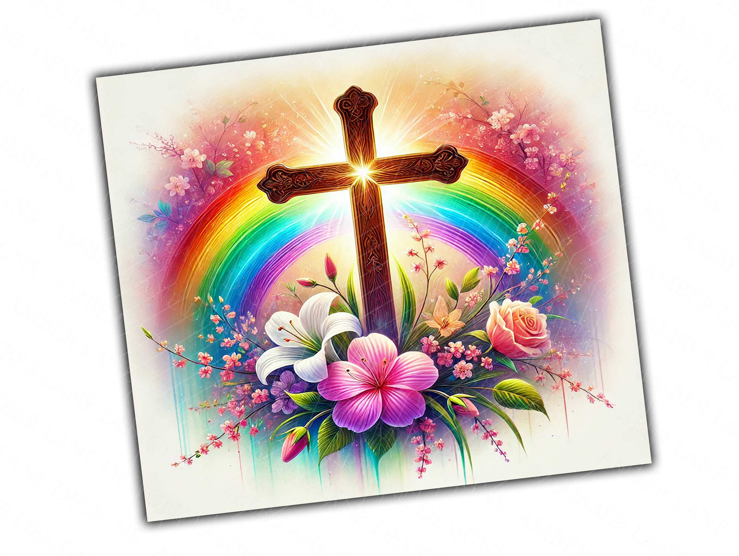 Easter rainbow Cross with Flowers 20oz SKINNY TUMBLER wrap- not seamless