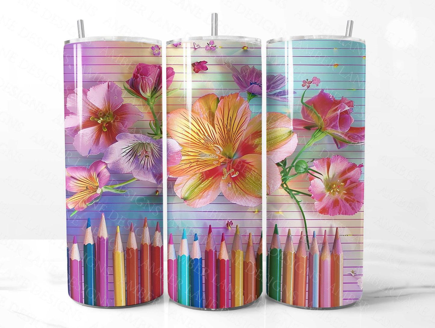 Back to school flowers and school pencils 20oz SKINNY TUMBLER straight wrap 1 jpeg file, not seamless