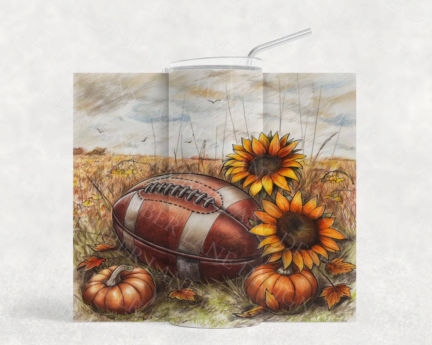 USA Football with sunflowers and pumpkins 20oz SKINNY TUMBLER wrap-not seamless