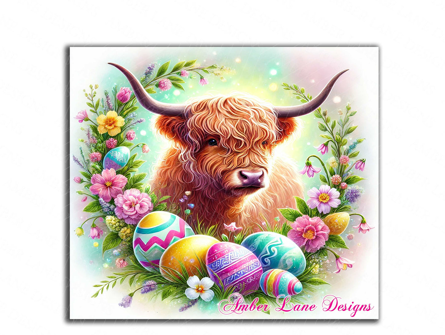 Rustic spring charm with this beautiful Highland Cow design with blooms, and playful Easter eggs 20oz SKINNY TUMBLER wrap- not seamless