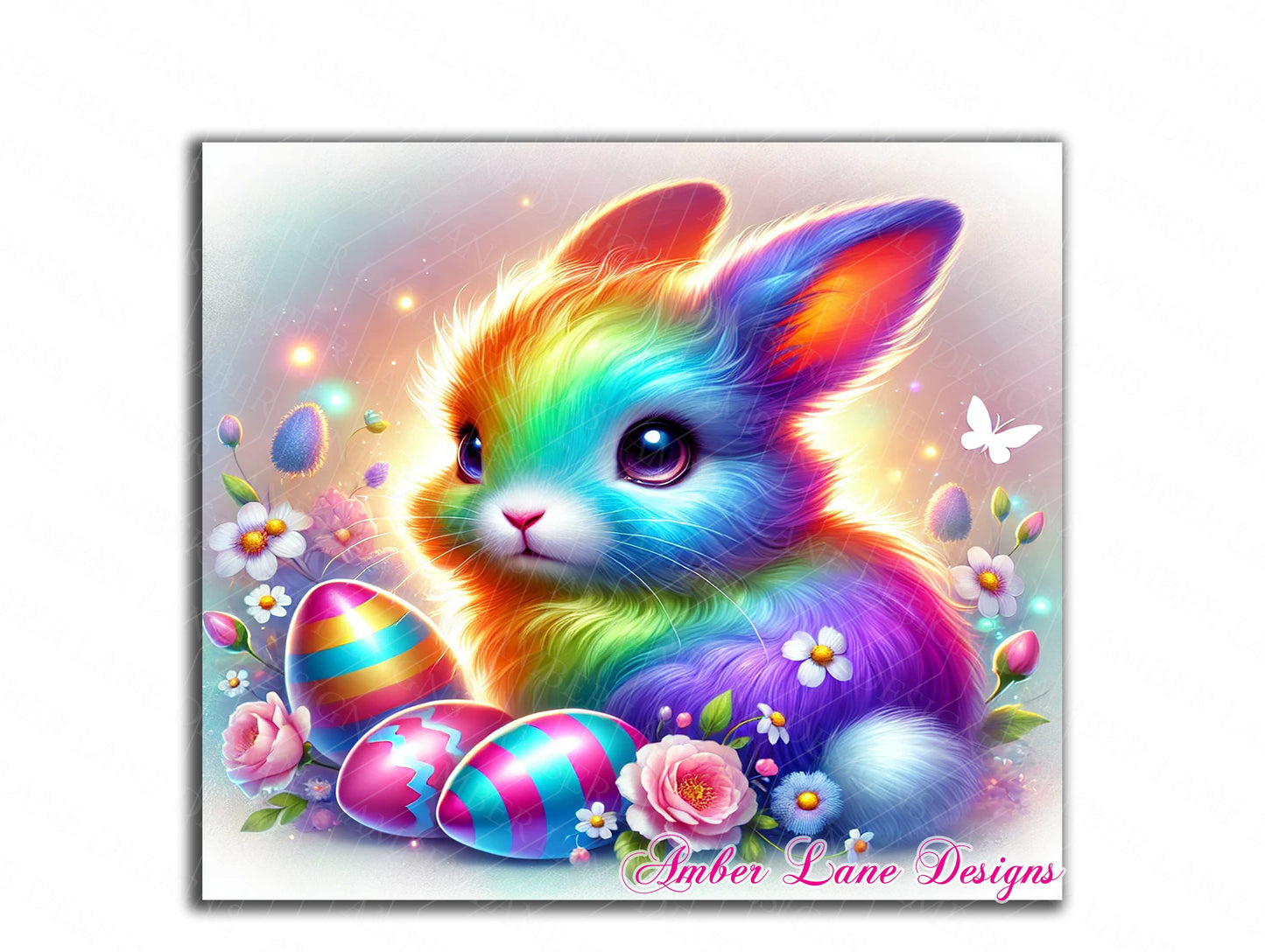 Whimsical rainbow bunny Tumbler Wrap with pastel blooms, and playful Easter eggs 20oz SKINNY TUMBLER wrap- not seamless