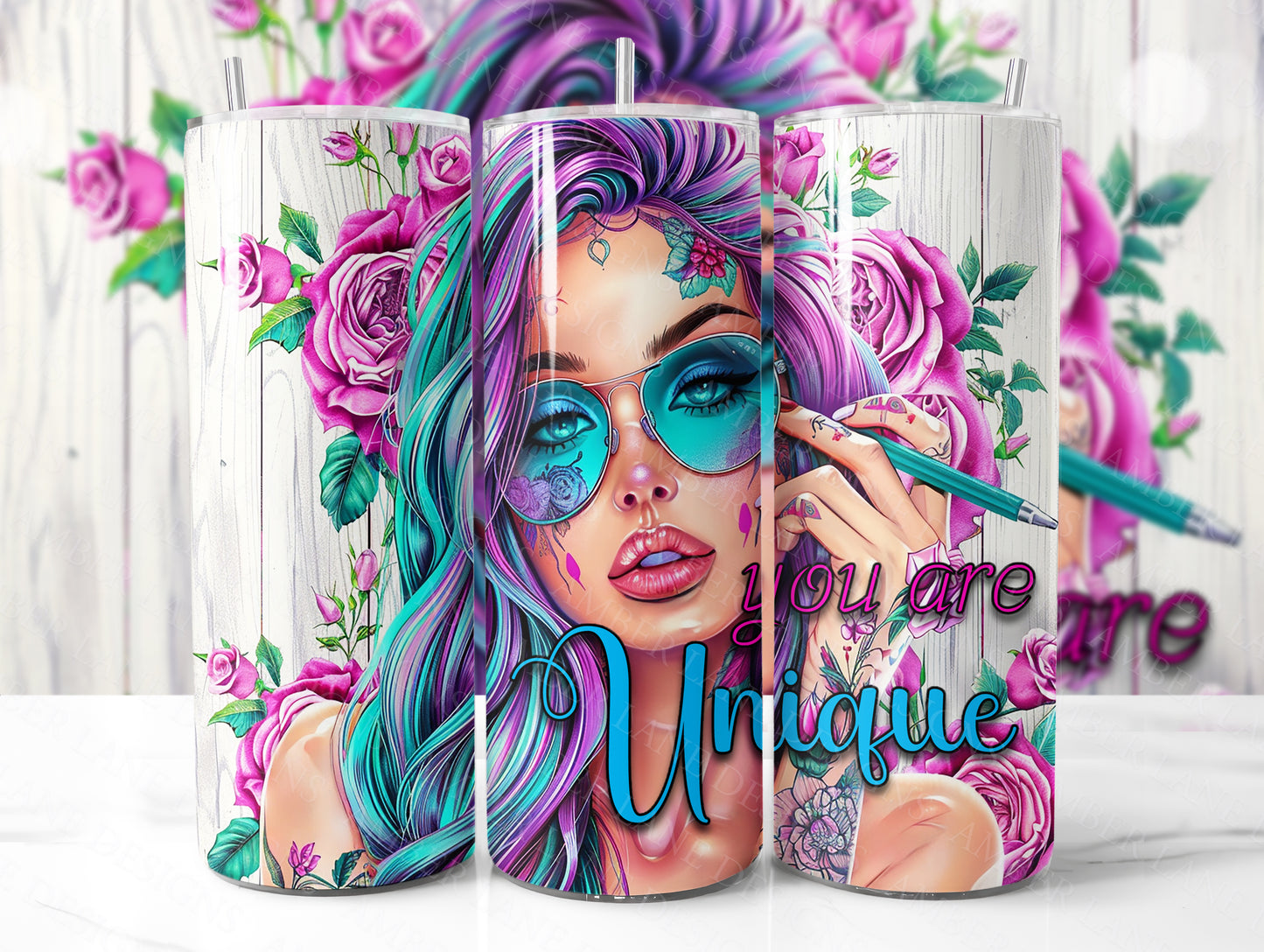 Be Unique tattoo girl bad ass 20oz SKINNY TUMBLER wrap-not seamless
