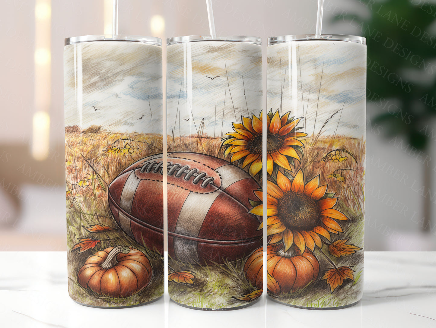 USA Football with sunflowers and pumpkins 20oz SKINNY TUMBLER wrap-not seamless
