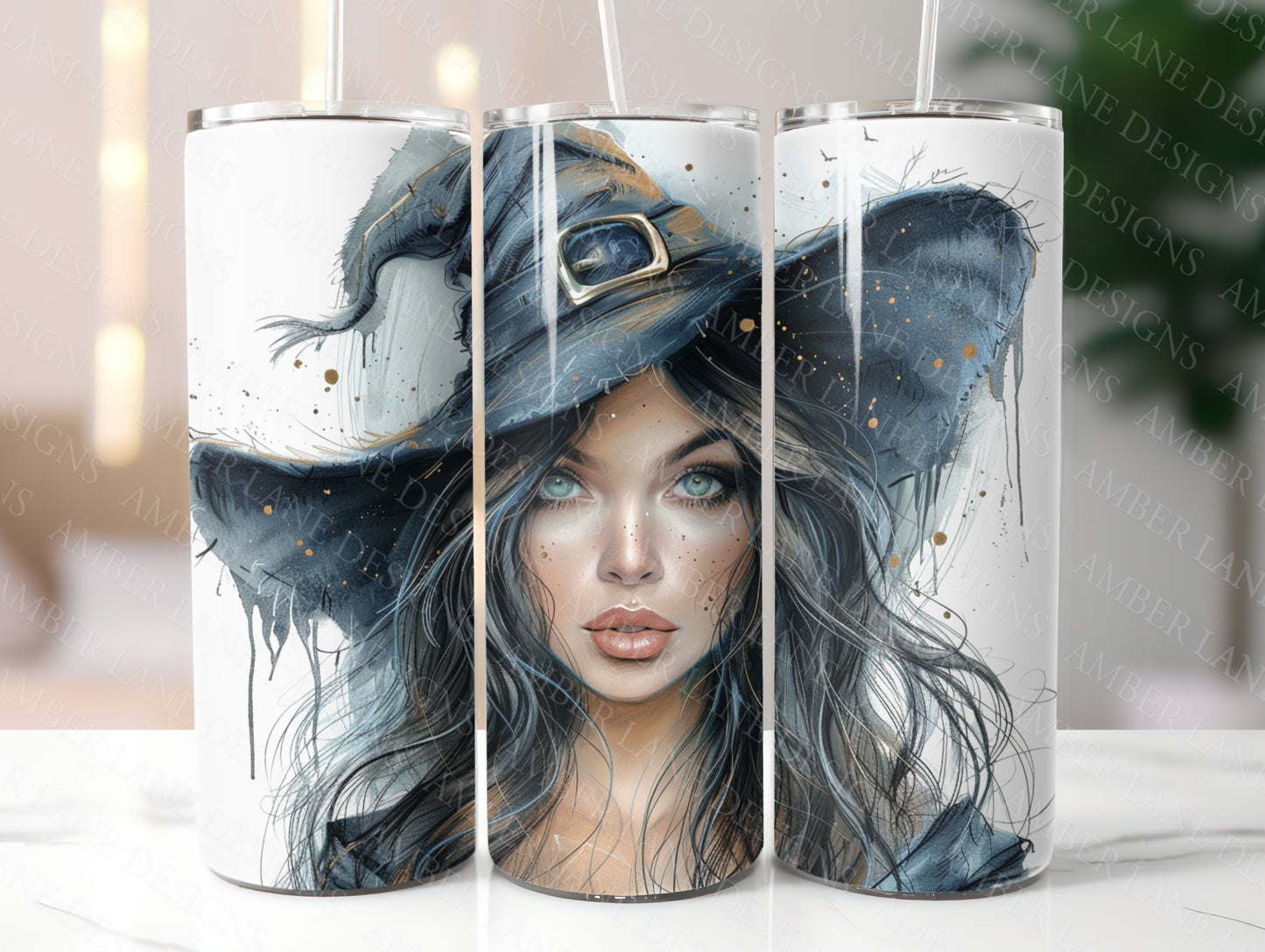 Witch with green eyes Halloween 20oz SKINNY TUMBLER straight wrap 1 jpeg file, not seamless.
