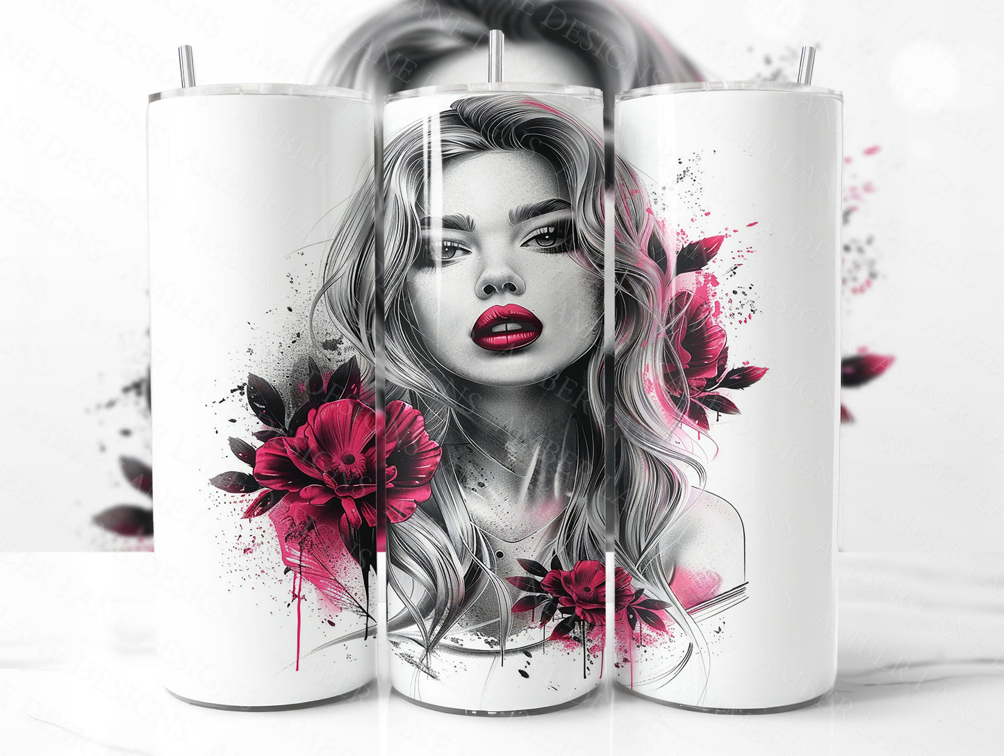 Badass girl with red lips and flowers 20oz SKINNY TUMBLER wrap-not seamless