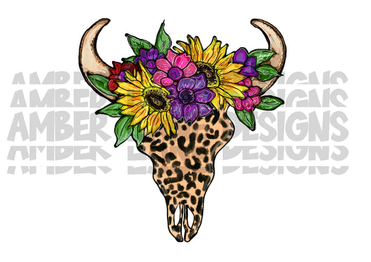 Leopard Boho Bull Skull PNG| Bull skull  Sunflowers PNG |  Bull skull Sublimation watercolor | tribal skull