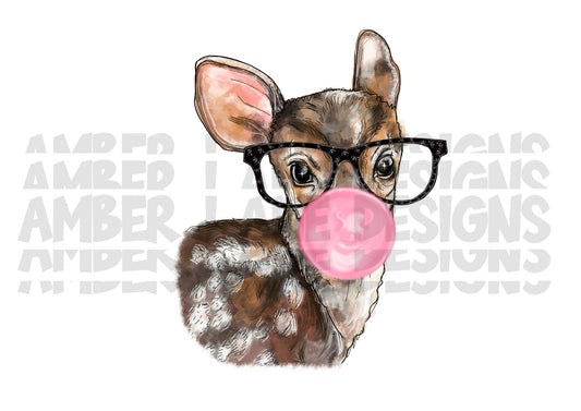 Baby Deer With Glasses and Bubblegum PNG | Baby Animal PNG  Hand Drawn watercolor | Sublimation PNG |