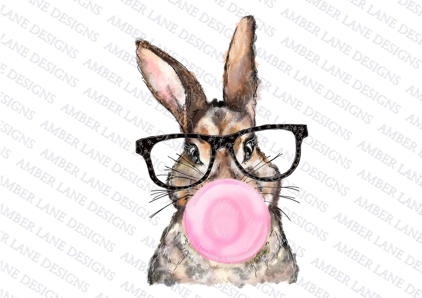 Bunny with glasses & bubblegum PNG | Sublimation |Hand painted Watercolor| |