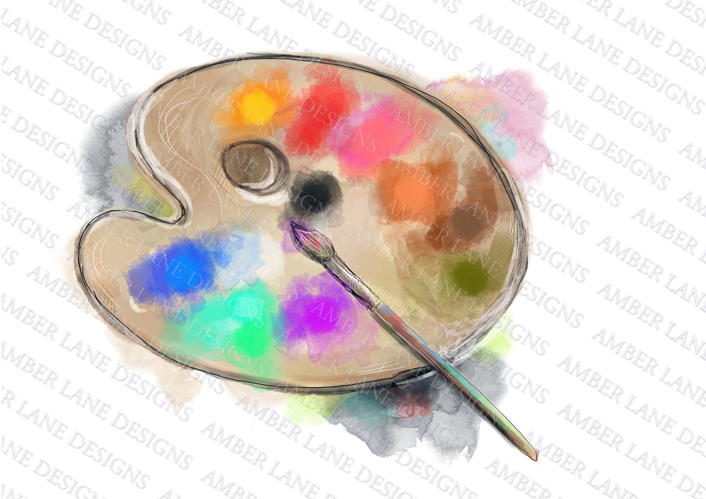 Artist Palette and Paintbrush,Artists palette watercolor clipart,INSTANT DOWNLOAD ,300ppi