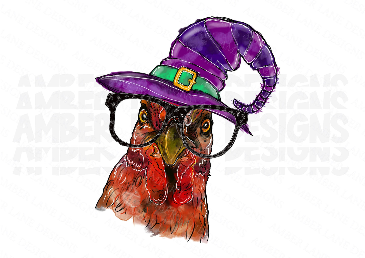 Chicken with Witches Hat and Glasses PNG, Sublimation file.