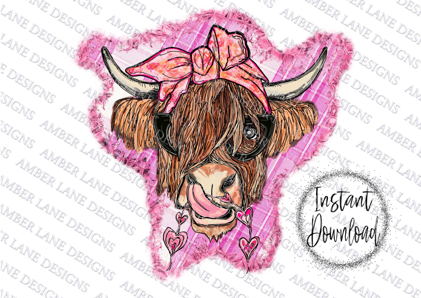 Valentines Highland Cow With hearts bandana and glasses PNG | Hand Drawn | Sublimation PNG | tumbler wrap