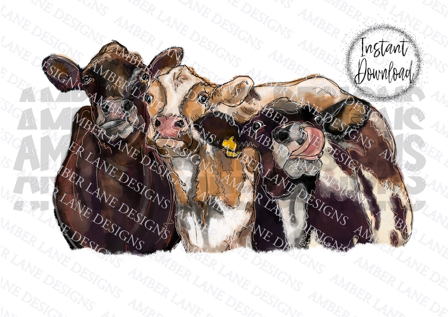 Three Cows PNG | Hand Drawn watercolor | Sublimation PNG |