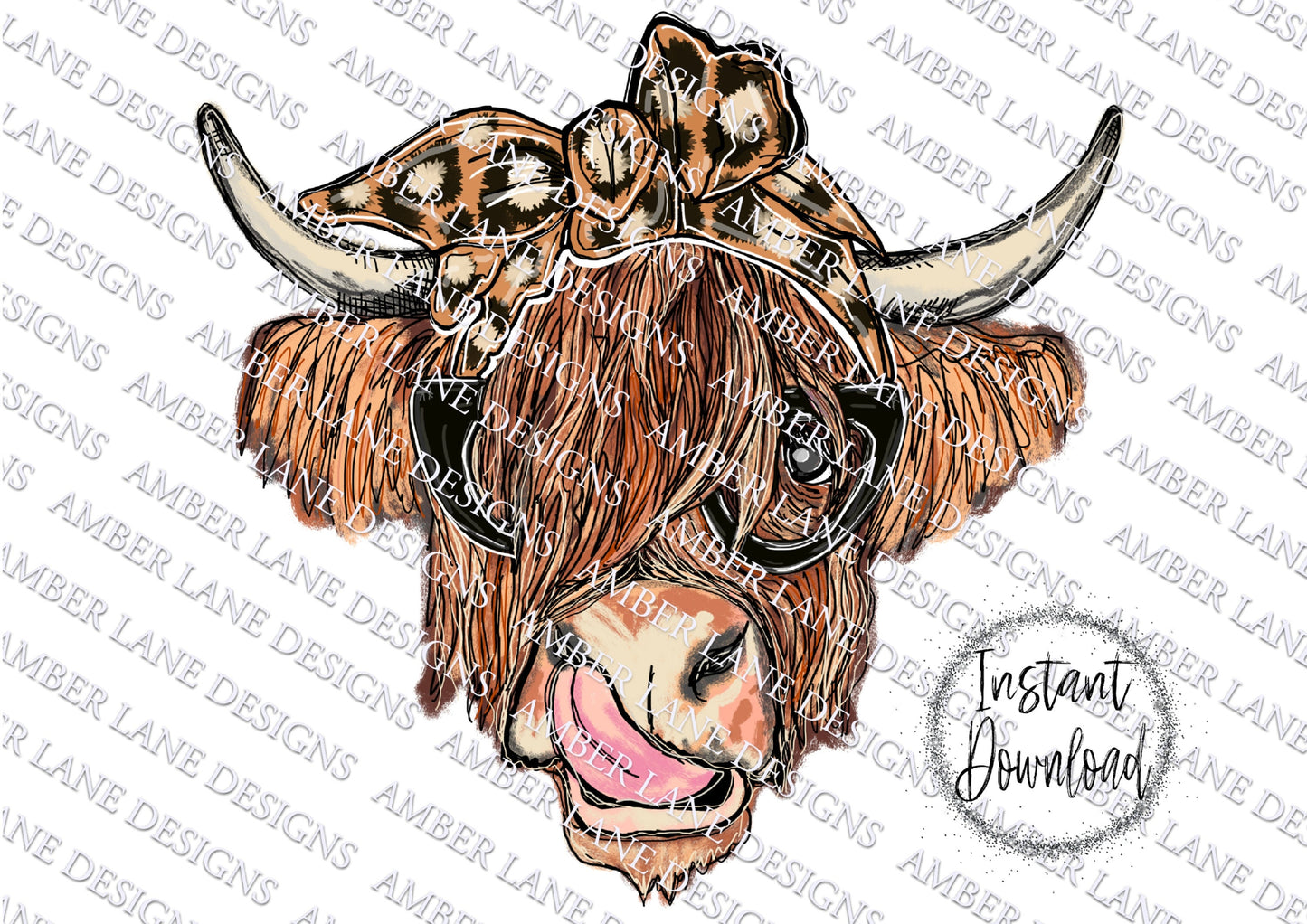 Leopard Luxe Bovine Elegance: Highland Cow PNG Hand Drawn Chic Cattle Couture