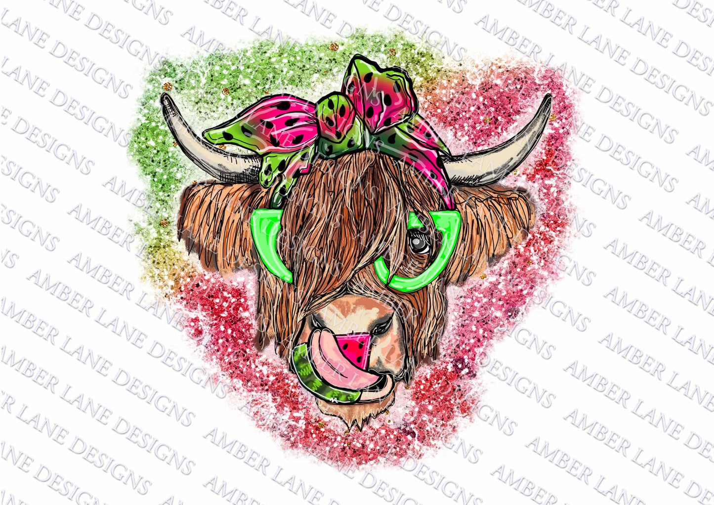 Watermelon Highland Cow bandana and glasses PNG | Hand Drawn | Sublimation PNG |