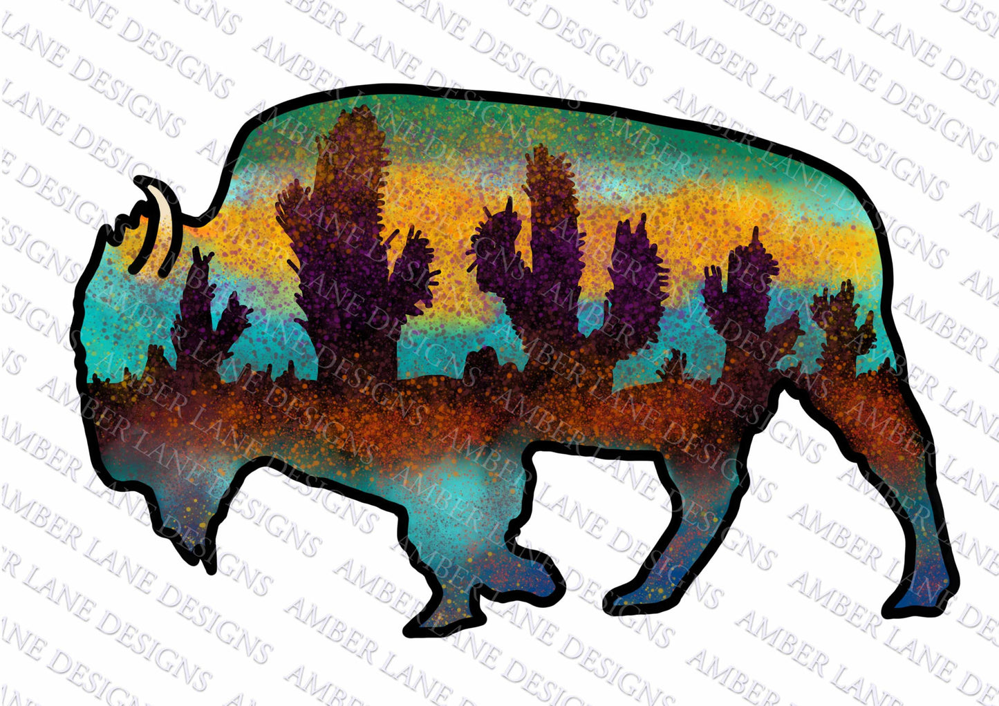 Bison Western Turquoise sunset | Buffalo | Hand Drawn watercolor | Sublimation PNG | tumbler wrap