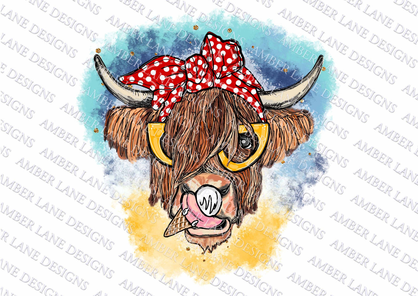Beach Highland Cow bandana and glasses PNG | Hand Drawn | Sublimation PNG | tumbler wrap