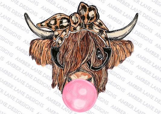Chic Highland Swagger: Leopard Bandana, Glasses and Bubble Gum Bliss - Hand-Drawn Sublimation PNG for Trendy Leopard Luxe Delight