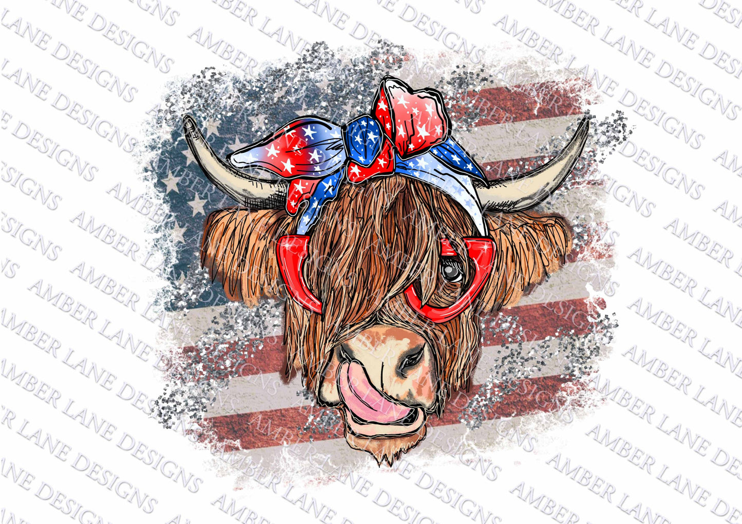 Highland Cow With 4th July bandana and glasses, USA flag | Hand Drawn | Sublimation PNG | tumbler wrap