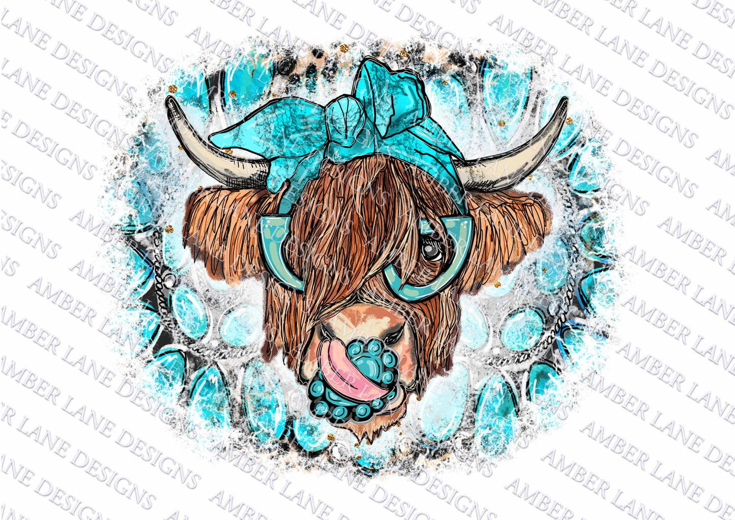 Highland Cow With Turquoise, bandana and glasses PNG | Hand Drawn | Sublimation PNG |