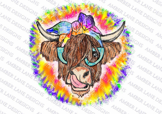 Highland Cow With Rainbow Tie Dye, bandana and glasses  PNG | Hand Drawn | Sublimation PNG |