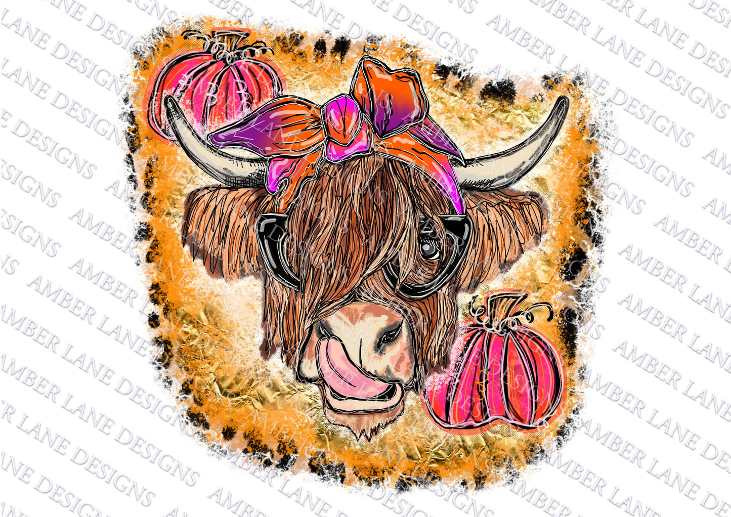 Fall Pumpkin Highland Cow bandana and glasses PNG | Hand Drawn | Sublimation PNG | tumbler wrap
