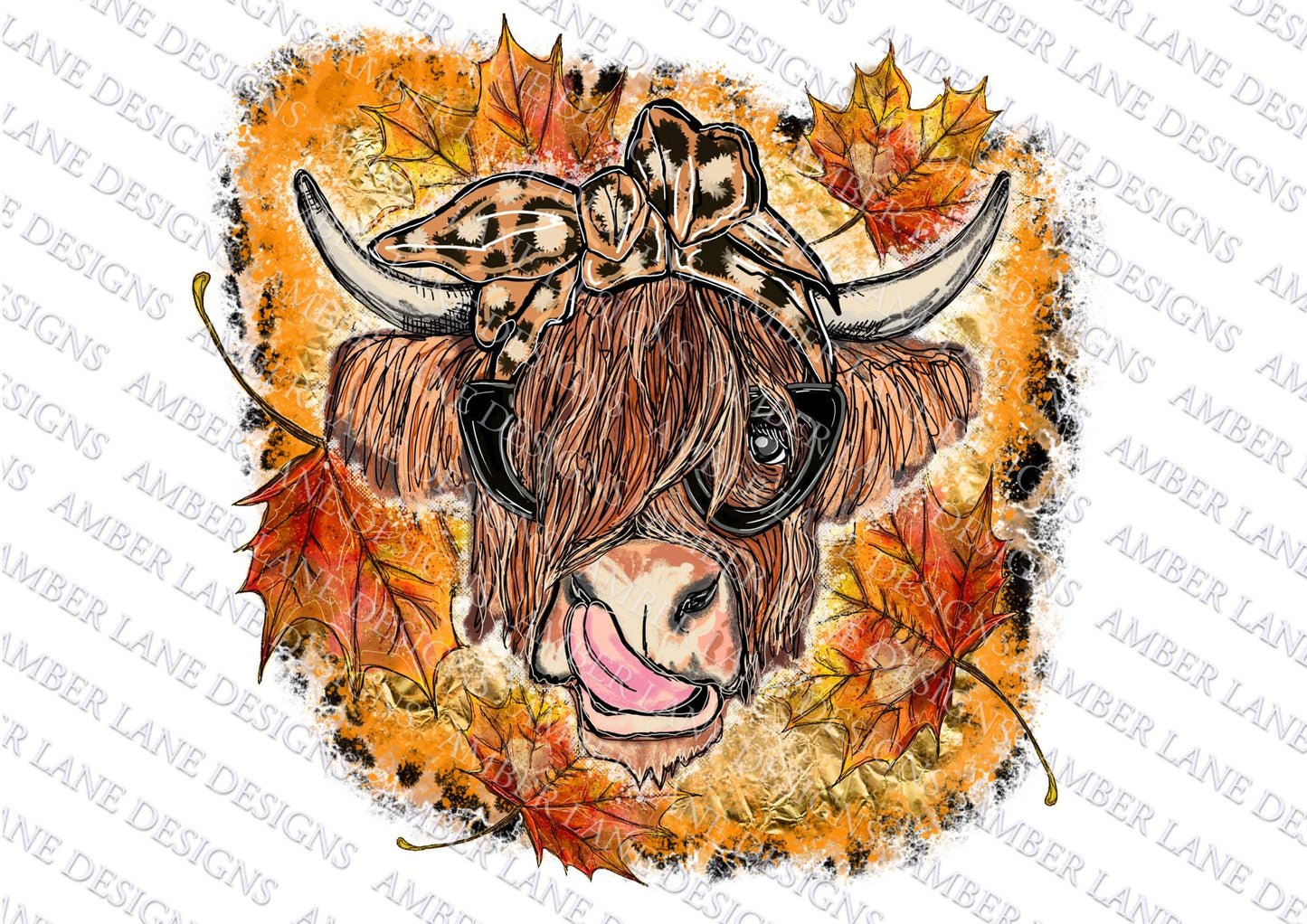 Fall leaves Highland Cow bandana and glasses PNG | Hand Drawn | Sublimation PNG |