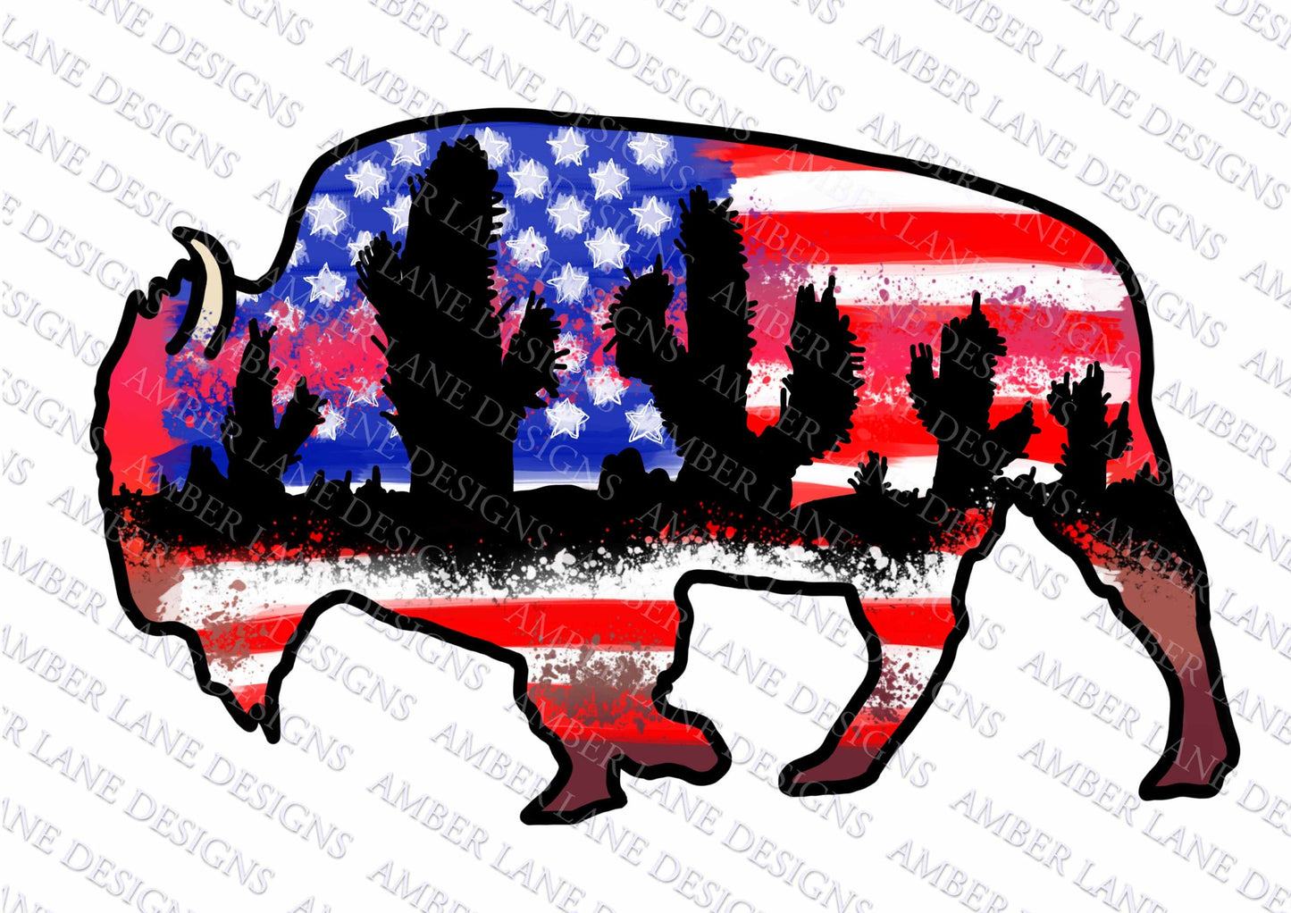 Bison Western USA Flag sunset | Buffalo | Hand Drawn watercolor | Sublimation PNG | tumbler wrap