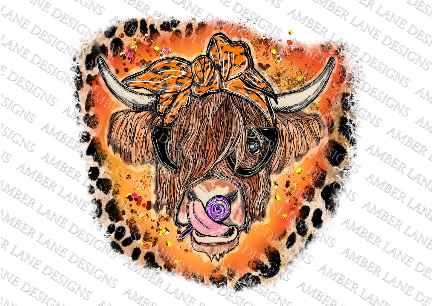 Halloween Candy, Highland Cow bandana and glasses PNG | Hand Drawn | Sublimation PNG | tumbler wrap