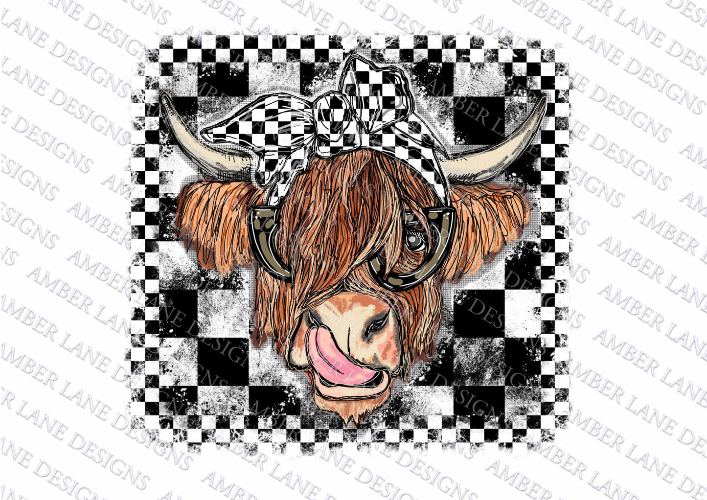 Highland Cow With Race checkered flag bandana and glasses PNG | Hand Drawn | Sublimation PNG |