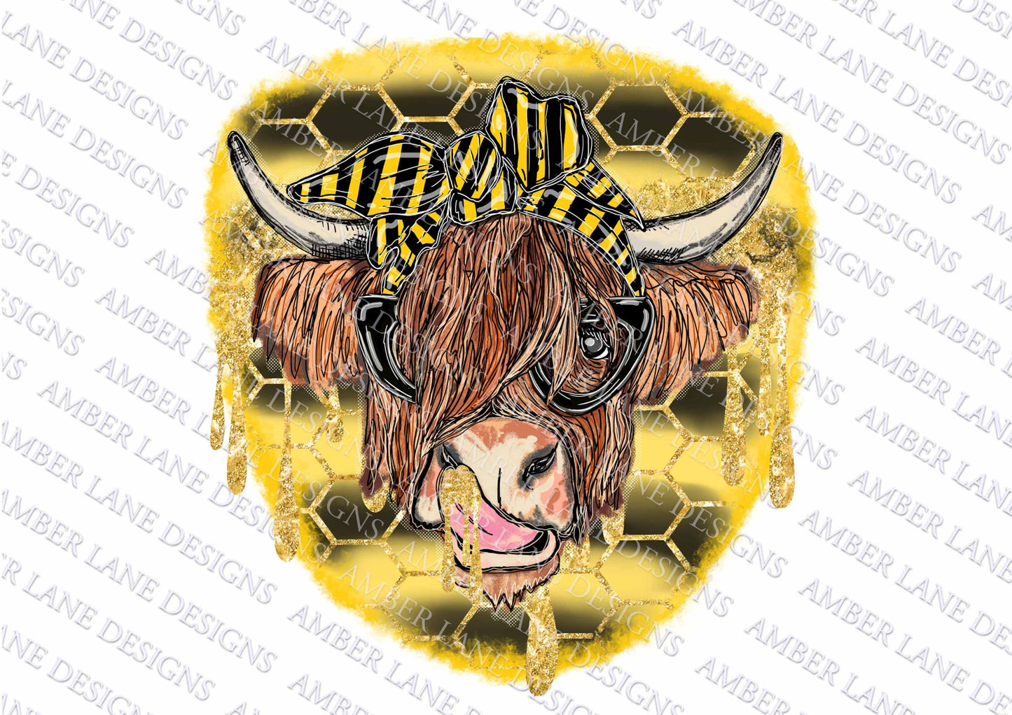 Bee Highland Cow bandana and glasses with honey PNG | Hand Drawn | Sublimation PNG | tumbler wrap