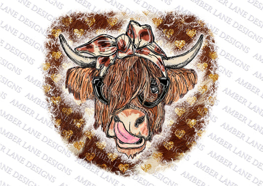 Highland Cow With Cowhide, bandana and glasses  PNG | Hand Drawn | Sublimation PNG |
