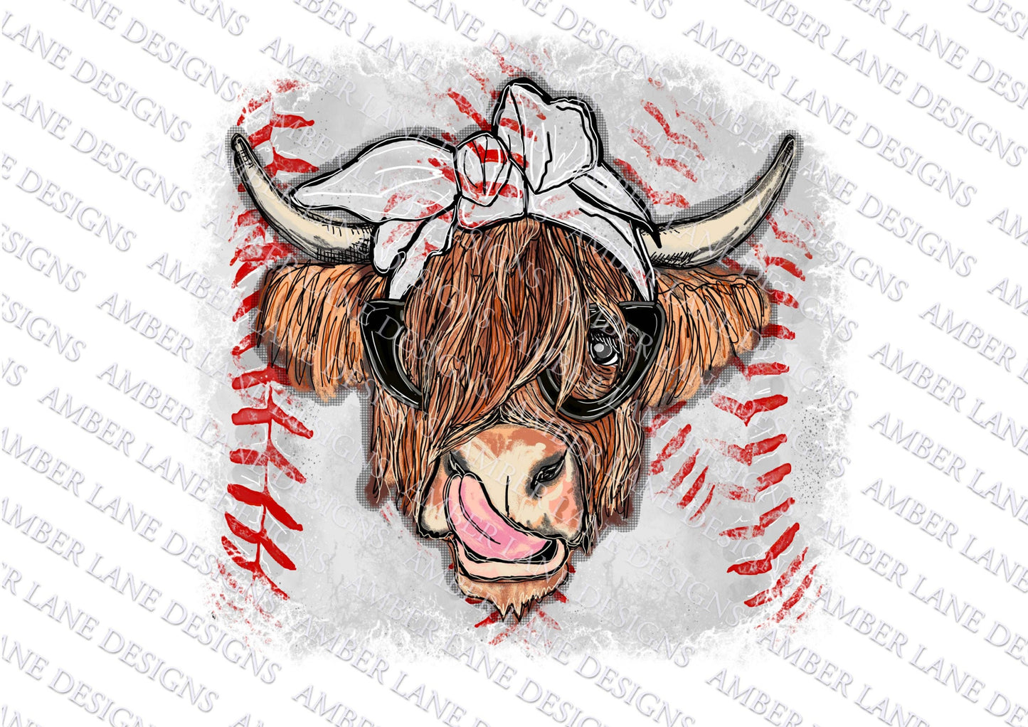 Baseball Highland Cow with bandana and glasses PNG | Hand Drawn | Sublimation PNG |