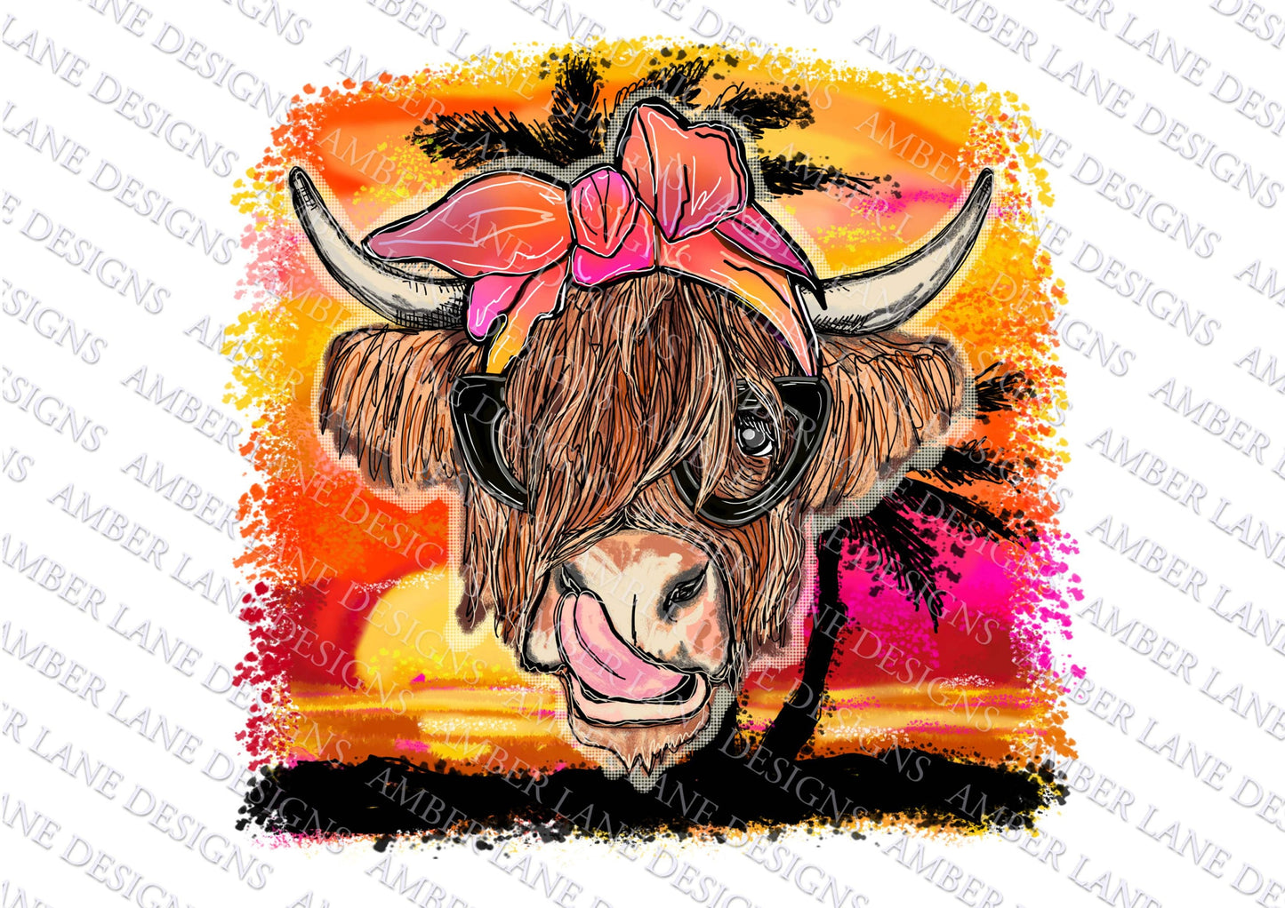 Tropical Sunset Highland Cow bandana and glasses PNG | Hand Drawn | Sublimation PNG | tumbler wrap