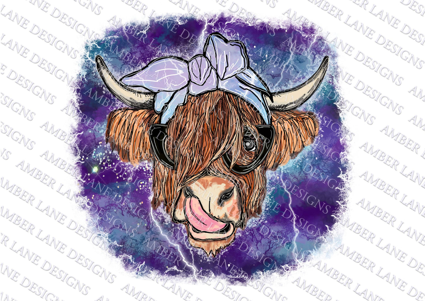 Thunder and Lightning Highland Cow bandana and glasses PNG | Hand Drawn | Sublimation PNG | tumbler wrap