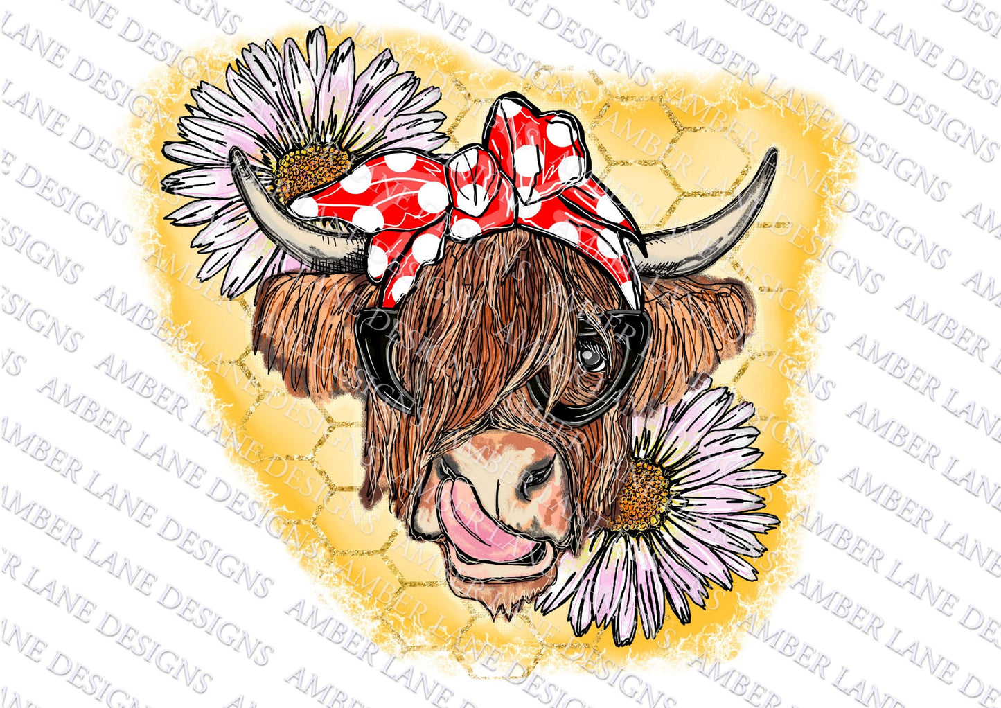 Boho Bovine Chic Bohemian Bliss: Daisy Highland Cow PNG Sublimation Bandana and Glasses Trendy Bovine Vibes