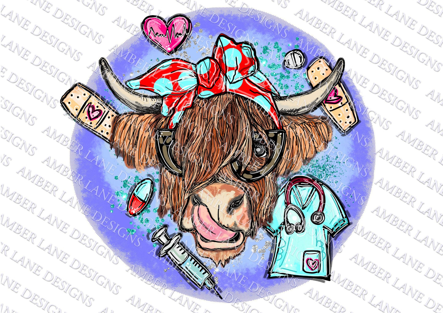 Nurse Highland Cow bandana and glasses PNG | Hand Drawn | Sublimation PNG |