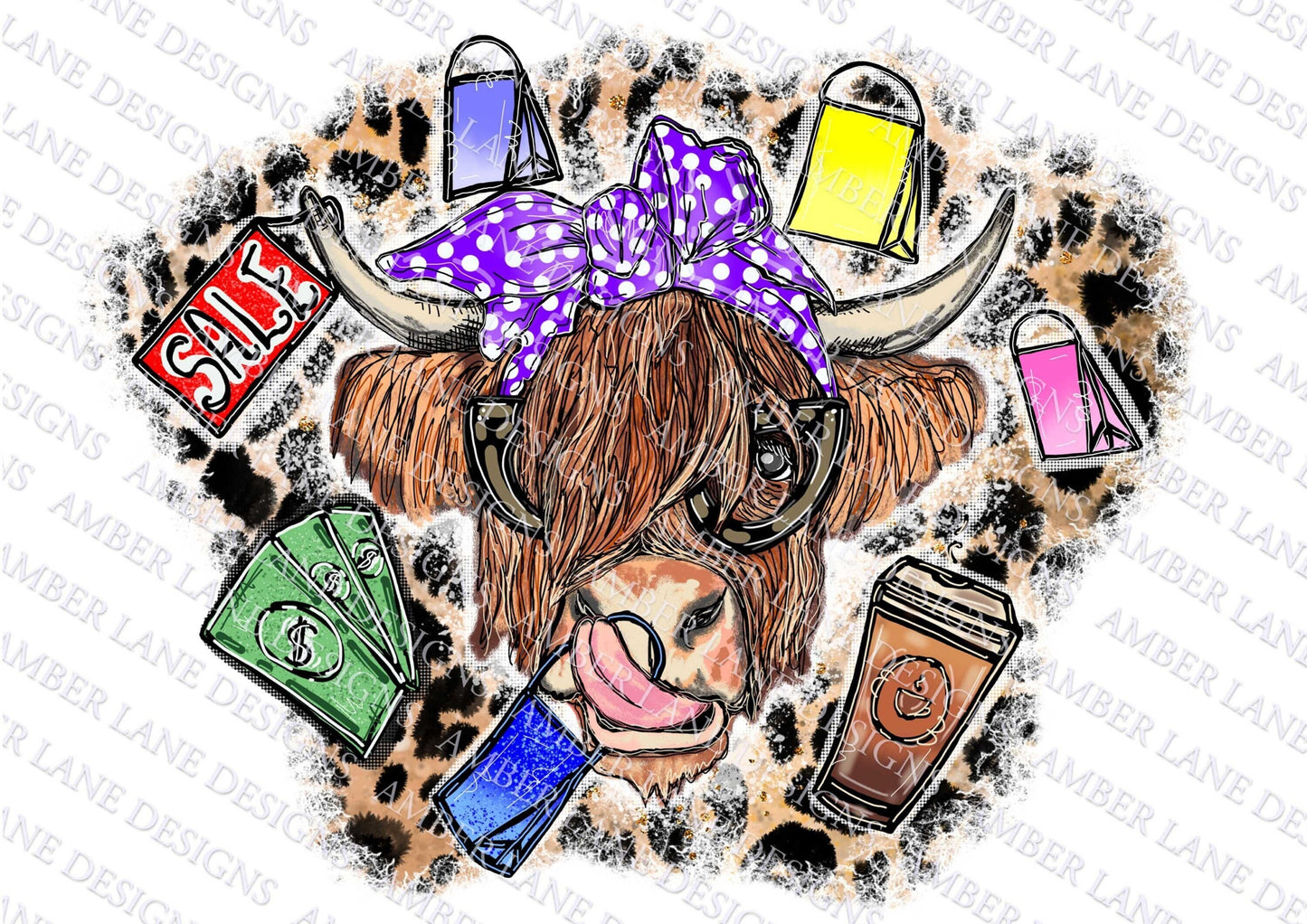Shopping Highland Cow With Glasses and Leopard bandana png, Sublimation PNG Design tumbler wrap
