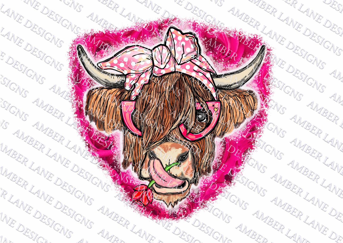 Valentines Highland Cow With a Rose, bandana and glasses PNG | Hand Drawn | Sublimation PNG |