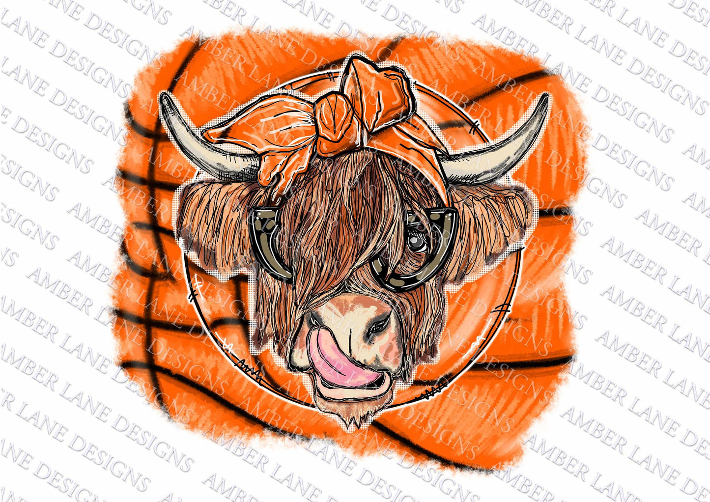 Basketball Highland Cow with bandana and glasses PNG | Hand Drawn | Sublimation PNG | tumbler wrap
