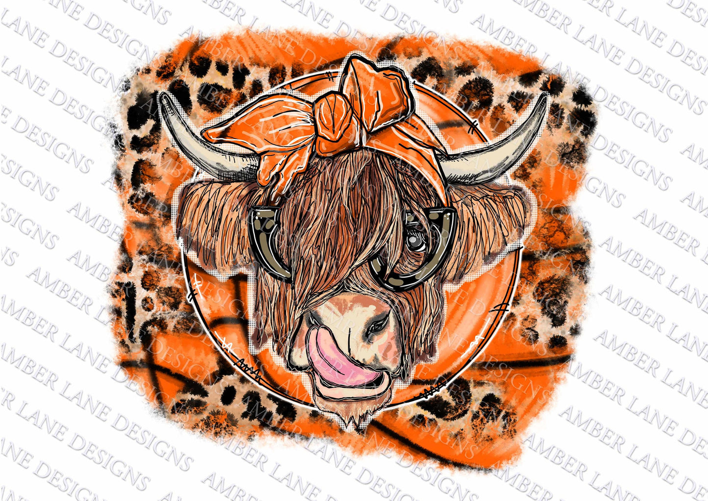 Basketball leopard Highland Cow with bandana and glasses PNG | Hand Drawn | Sublimation PNG | tumbler wrap