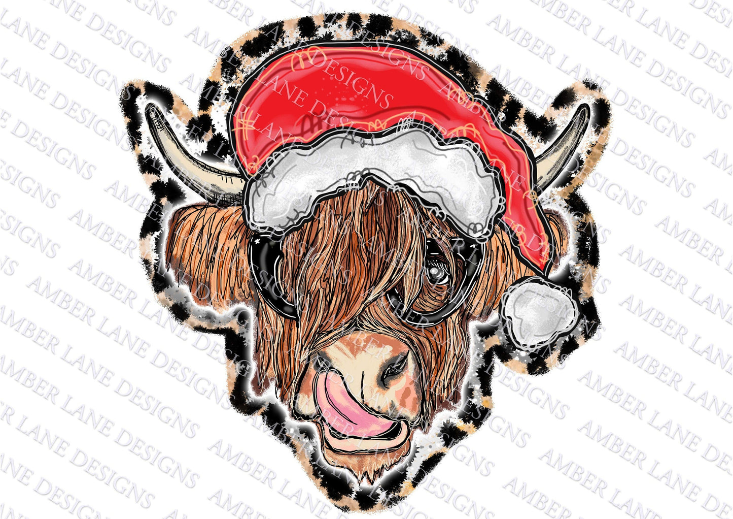 Highland Cow With Santa hat and glasses and PNG tumbler wrap