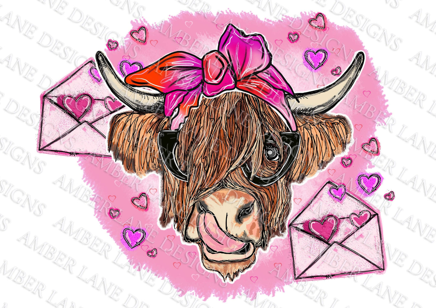 Valentines Highland Cow With hearts bandana and glasses and love letters png file tumbler wrap