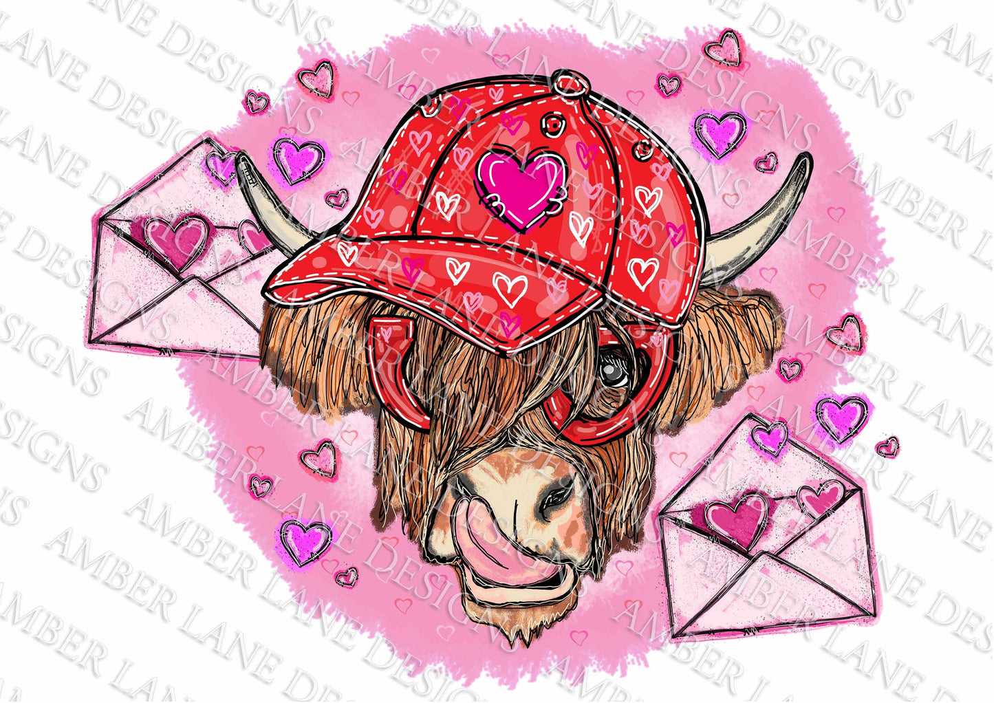 Boy Valentines Highland Cow With hearts and baseball hat and love letters png file tumbler wrap