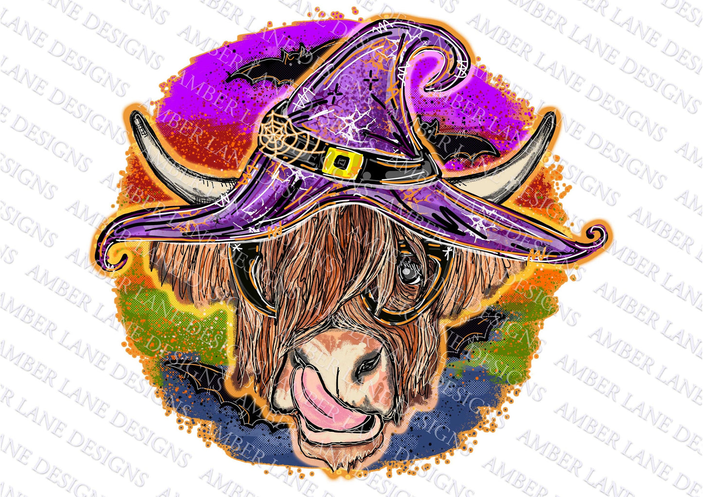 Witch spooky Highland Cow with glasses PNG tumbler wrap
