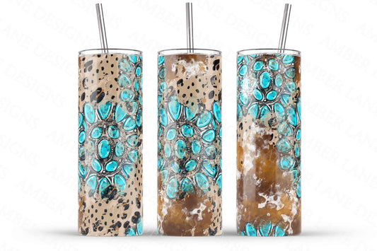 Turquoise leopard Cowhide 20oz SKINNY TUMBLER straight wrap