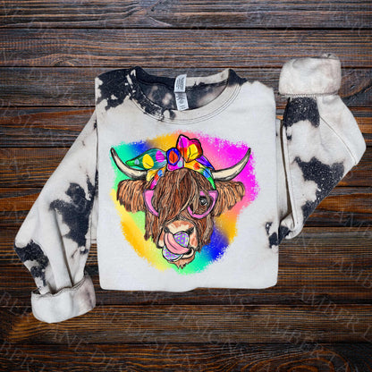 easter highland cow on bleached sweater
