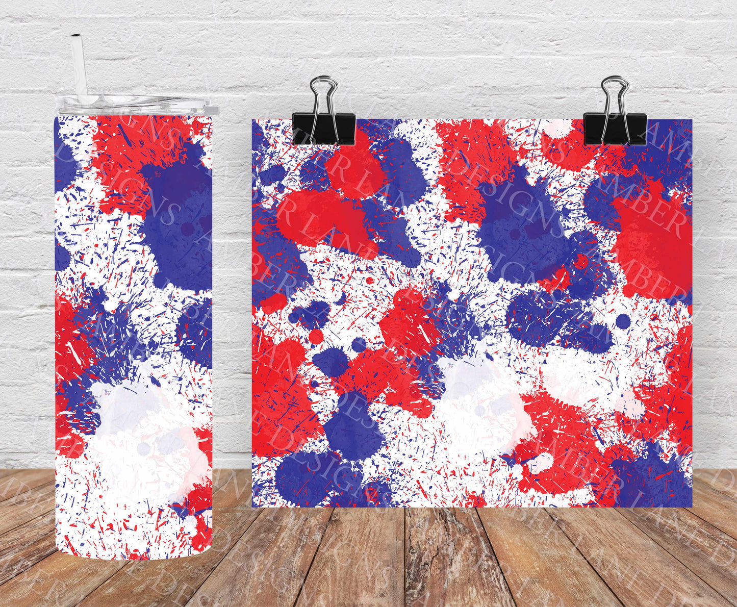 Usa 4th July colors paint splats tumber 20oz SKINNY TUMBLER straight wrap 1 jpeg file